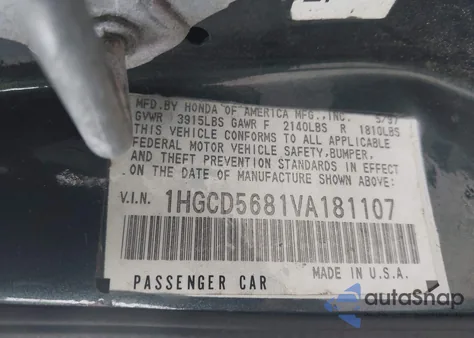 1997 Honda Accord Value z USA, uszkodzony, nr VIN 1HGCD5681VA181107